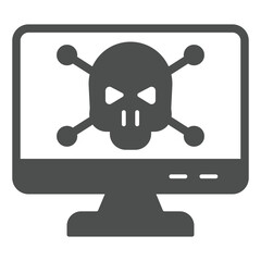 Monitor with skull and bones solid icon, hacker attacks concept. Vector graphics. Infected by virus, computer display sign on white background, glyph style icon for mobile or web design.