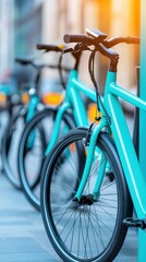Obraz premium Bright Turquoise Bicycles Parked on Urban Street During Sunset