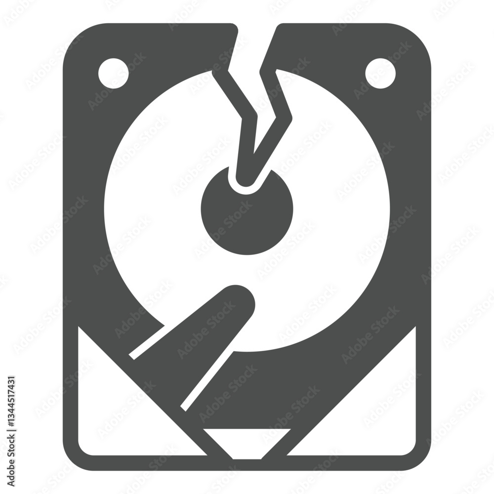 Poster hard disk drive breakdown solid icon, hacker attacks concept. vector graphics. data loss, crack on s