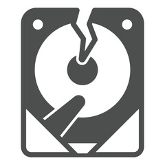 Hard disk drive breakdown solid icon, hacker attacks concept. Vector graphics. Data loss, crack on storage sign on white background, glyph style icon for mobile or web design.
