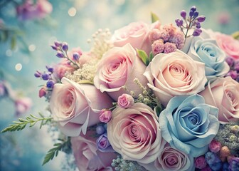 Vintage Soft Pink & Blue Wedding Bouquet with Roses & Lilacs - Elegant Floral Background