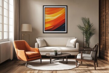 Frame mockup ISO A paper size Living room wall poster mockup Interior mockup with house background Modern interior design render