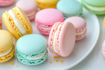 Fototapeta premium An assortment of colorful macarons in pastel shades of pink, blue, yellow, and green, neatly arranged in a circle on a white ceramic plate