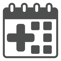 Calendar date with medical plus solid icon, insurance concept. Vector graphics. Page with insured event sign on white background, glyph style icon for mobile or web design.