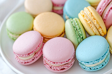 Fototapeta premium An assortment of colorful macarons in pastel shades of pink, blue, yellow, and green, neatly arranged in a circle on a white ceramic plate