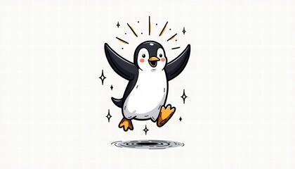 Obraz premium Cheerful Penguin Celebrating with Arms Raised in Minimalist Style 