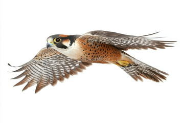 Fototapeta premium Realistic American kestrel with patterned wings and sharp eyes soaring through the air on an isolated white background