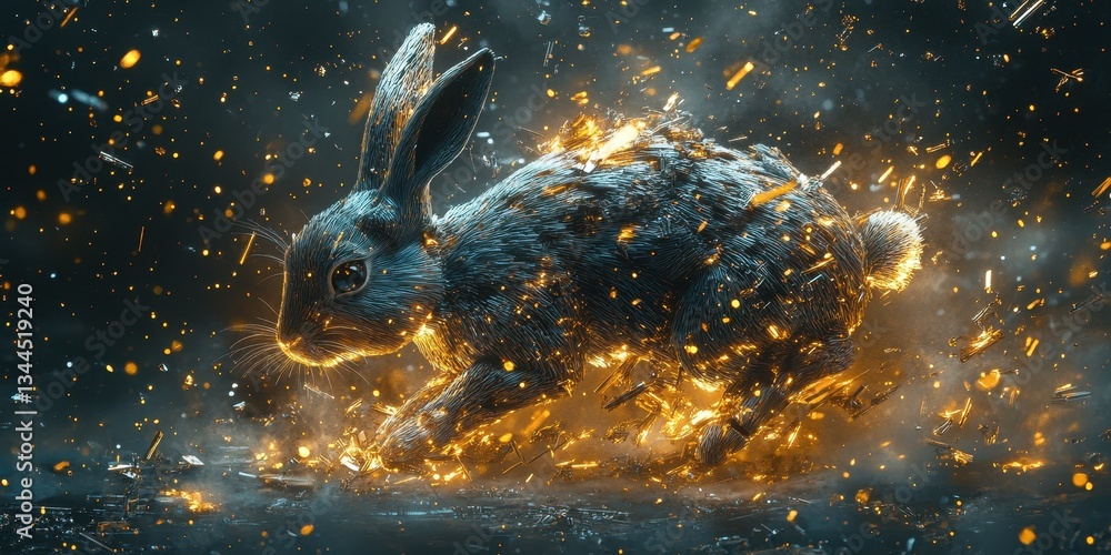 Poster a glowing rabbit running with explosive particle effects