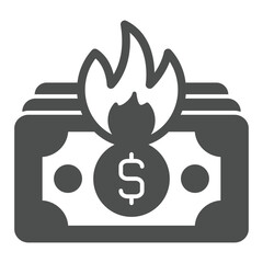 Banknote dollars burning in fire solid icon, insurance event concept. Vector graphics. Bank paper money burnt recovery sign on white background, glyph style icon for mobile or web design.