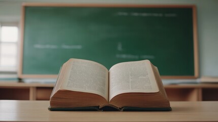 Open book on desk in classroom with blackboard.
