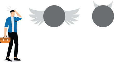 Confused businessman choose between angel and devil symboL
