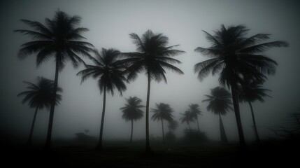 Silhouetted palm trees in dense fog, creating a mysterious and moody atmosphere.
