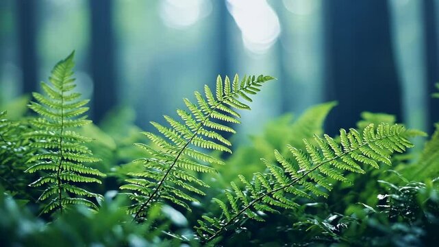 Lush green ferns thriving in a tranquil forest during early morning light