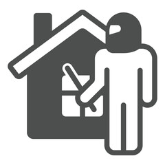 Thief man with mask at house solid icon, insurance event concept. Vector graphics. Cottage building theft crime risk sign on white background, glyph style icon for mobile or web design.