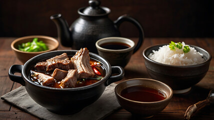 Serving of Asian Pork Stew with Rice and Condiments on Table