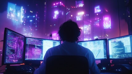 Immersive coding environment: Programmer working with multiple screens in a neon city