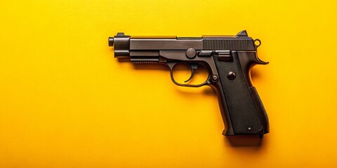 Vintage Style Photo: Black Airsoft Gun on Yellow Background - Flat Lay