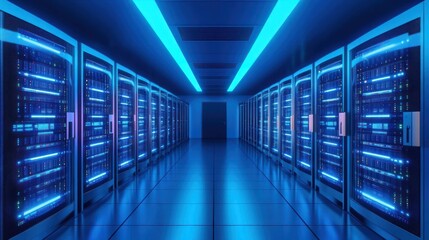 Futuristic server room with neon blue lighting.  Possible use Stock photo for technology articles, websites, or presentations
