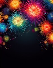 Naklejka premium black background with colorful fireworks bursting along the edges