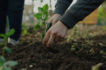 Dedicated volunteer planting trees in nature, environmental conservation and Earth Day reforestation project, Generative AI