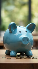 teal piggy bank with scattered coins on wooden surface