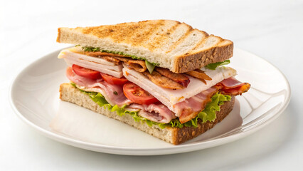 Stacked Club Sandwich with Turkey, Bacon, Lettuce, and Tomato on White Plate - Minimalistic Food Presentation