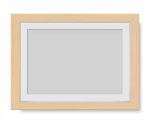 Fototapeta premium Realistic horizontal blank picture frame with shadow. Wooden rectangular photo frame with wood texture for art gallery or interior. Vector illustration isolated on transparent background.