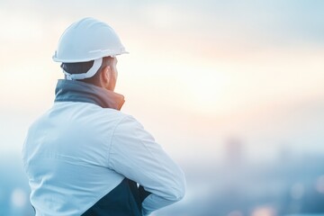 portrait of professional in industrial attire with blurred background minimalistic theme with ample copy space