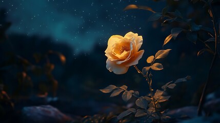 Night Bloom: A Single Yellow Rose Under the Starry Sky
