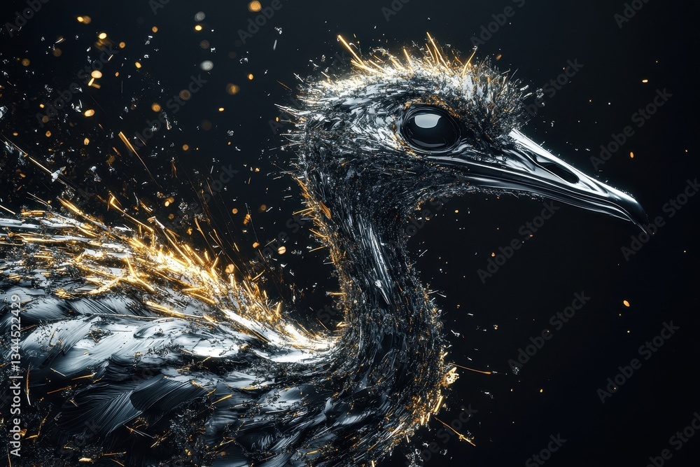Poster an artistic rendering of an avian creature with metallic textures