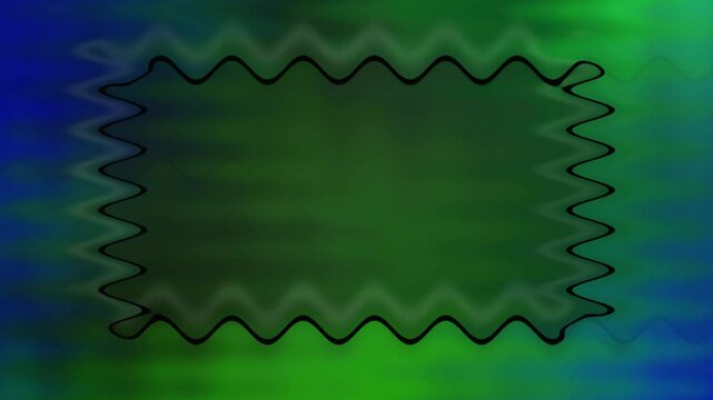 Horizontal wavy rectangular black closed frame, dark green blurred light background with moving water effect. Space for your own content.