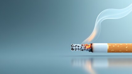 Burning cigarette with rising smoke trail on reflective surface against blue background, illustrating smoking health risks and addiction concept.