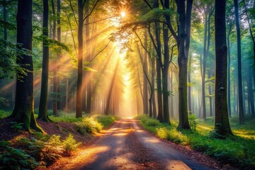 Fototapeta premium Vintage Sunbeams: Misty Forest Path - Magical Woodland Scene