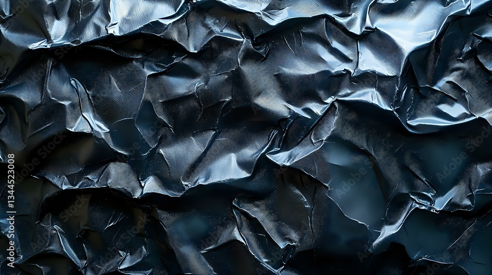 Poster dark blue crumpled paper texture with dramatic shadows and highlights creates abstract pattern of fo