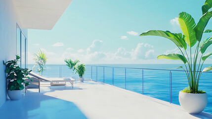 Fototapeta premium Relaxing Seaside Balcony with Comfortable Lounge and Beautiful Ocean View