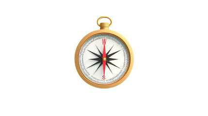 a stylized compass featuring a gold casing, a white face, and a detailed black and red compass rose. It symbolizes direction, navigation, and exploration on white background