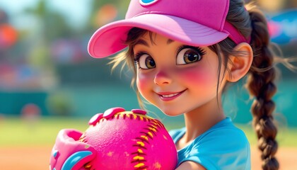 Adorable Cartoon Girl Softball Player Digital Art