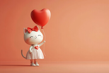 A cute baby girl cat holds a red heart-shaped balloon, radiating a joyful and playful mood against a pastel background