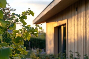 Plants growing near a cozy wooden house with garden in warm sunset light