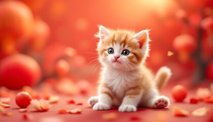 Adorable Orange Kitten in Red Autumn Scene