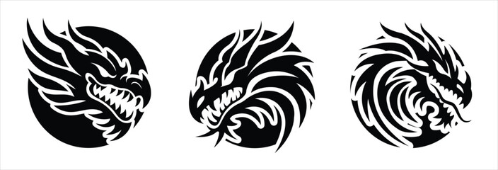 Black Tribal dragon head silhouette vector. Fierce mythical creature, tattoo design, fantasy art, tribal dragon head silhouette vector 