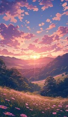 Sunrise over valley of wildflowers, serene landscape