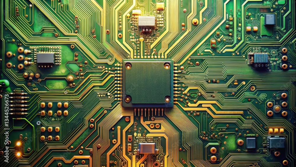 Poster circuit board close-up with central processor