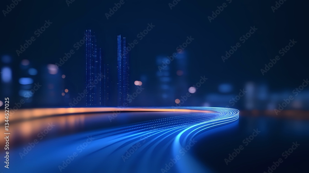 Poster futuristic glowing light trails curve through dark cityscape with illuminated skyscrapers and bokeh 