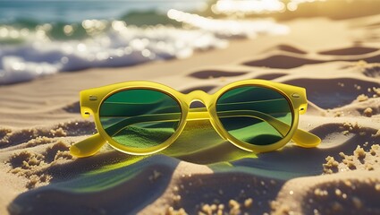 Obraz premium A beach scene featuring sunglasses on the sand, basking in warm sunlight