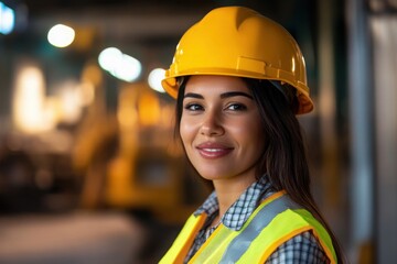 A confident young female engineer beams with pride, showcasing her expertise and dedication in a bustling industrial setting, illuminated by warm, ambient light.
