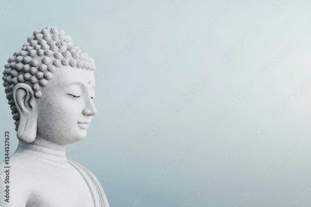Poster serene buddha statue in minimalist setting bathed in soft light with ample copy space for calmness a