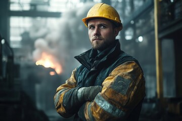 Fototapeta premium A determined steelworker, arms crossed, stands resolute amidst the fiery glow of the furnace, his yellow hard hat a beacon of safety in the industrial landscape.