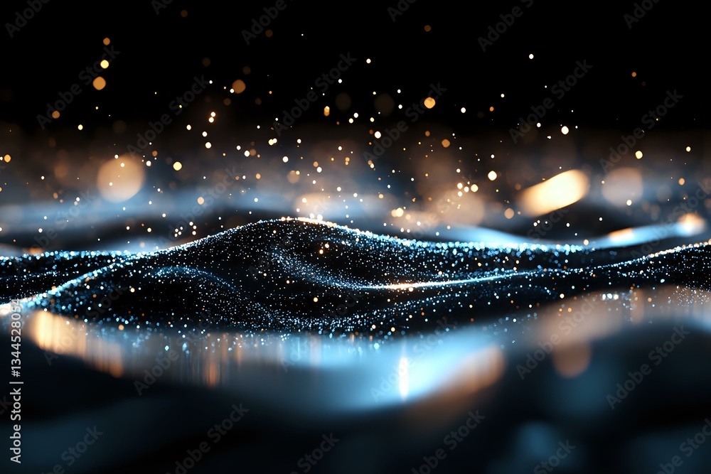 Poster abstract glowing wave of digital particles with blue light effect and golden bokeh on black backgrou