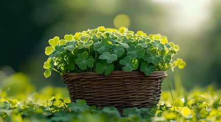 Fresh green clover leaves growing in rustic wicker basket against soft bokeh background, natural spring garden setting with morning sunlight.